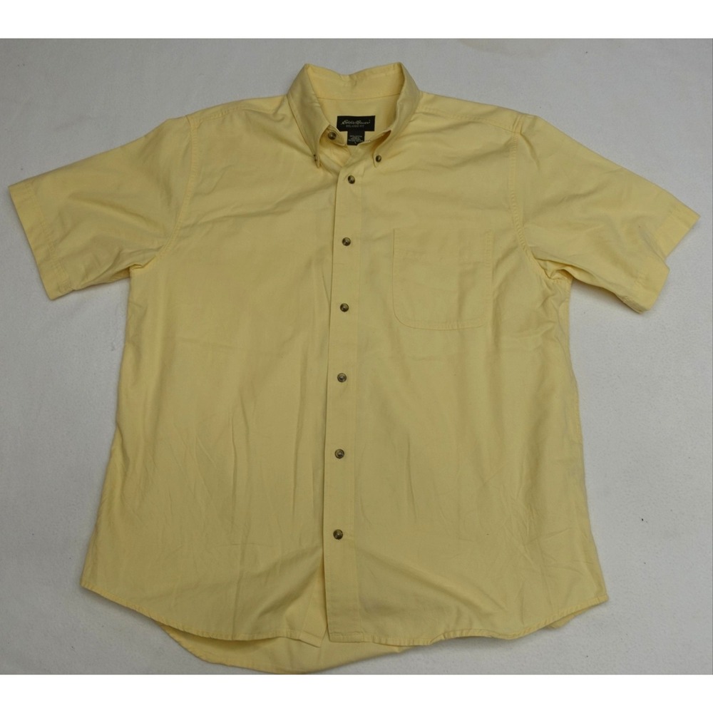 Eddie Bauer Shirt Mens L Yellow Short Sleeve Button Up Relaxed Fit Cotton Casual